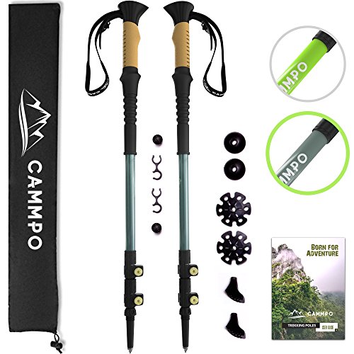 Product Cover CAMMPO Trekking Poles Collapsible - Hiking Poles - Ultra Strong & Lightweight Aluminum 7075 - Walking Sticks (2-pc) w/Tungsten Tip, Quick Adjust Flip-Lock System & Cork Grip