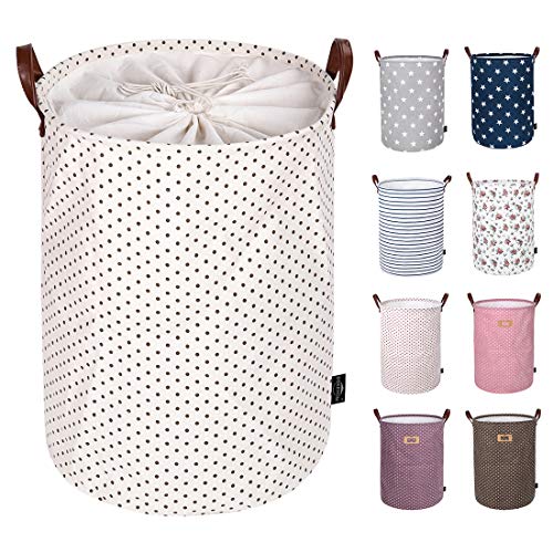 Product Cover DOKEHOM 19-Inches Thickened Large Laundry Basket -(9 Colors)- with Durable Leather Handle, Drawstring Waterproof Round Cotton Linen Collapsible Storage Basket (Brown Dots, L)