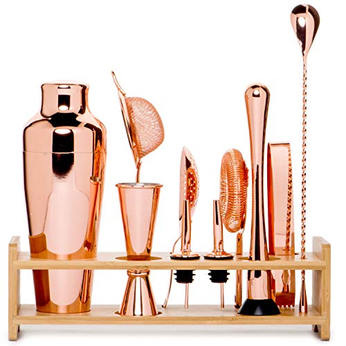 Product Cover Jillmo Pro Martini Bartender Kit Copper Coated Rose Gold Stainless Steel Bar Set with Bamboo Stand - 19 oz Parisian Gold Cocktail Shaker with Bar Accessories
