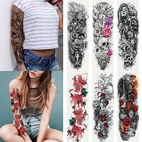 Product Cover Kotbs 6 Sheets Full Arm Temporary Tattoo, Waterproof Extra Large Temporary Tattoos for Women Men Adults Black Skull Rose Body Art Tattoo Sticker Fake Tattoo