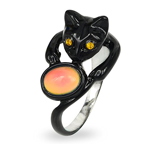 Product Cover Fun Jewels Cute Black Cat Kitty Animal Wrap Color Change Oval Stone Mood Ring For Pet Lovers