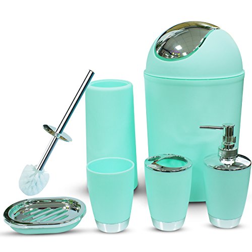 Product Cover Mint Green Bathroom Accessories Set 6 Pieces Plastic Bathroom Accessories Toothbrush Holder, Rinse Cup, Soap Dish, Hand Sanitizer Bottle, Waste Bin, Toilet Brush with Holder