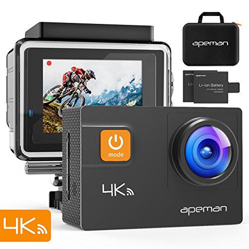 Product Cover APEMAN Action Camera with 4K 20MP WiFi Ultra HD Waterproof 40M Camcorder, 2 Upgraded Batteries, Carrying Bag and 24 Mounting Accessories Kits