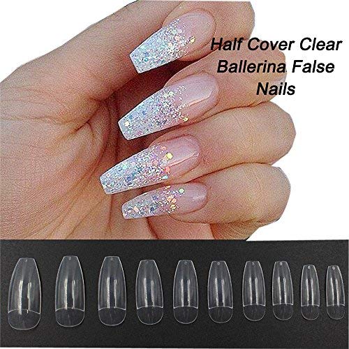 Product Cover Coffin Nails 500Pcs Half Cover Acrylic False Nail Tips Coffin Ballerina Nails 10 Sizes With Bag For Nail Salons And Diy Manicure(Half Cover, Clear)