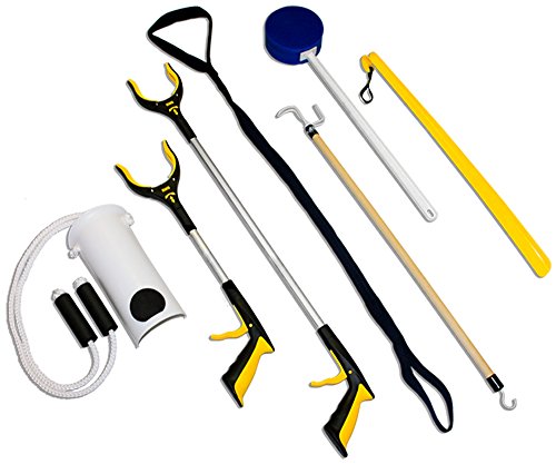 Product Cover RMS 7-Piece Hip Knee Replacement Kit with Leg Lifter, 19 and 32 inch Rotating Reacher Grabber, Long Handle Shoe Horn, Sock Aid, Dressing Stick, Bath Sponge - Ideal for Knee or Back Surgery Recovery