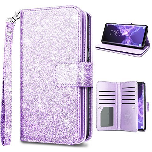 Product Cover S9 Plus Wallet Case,Galaxy S9 Plus Case,Fingic Luxury Glitter Wallet Case Nickel Plated Press Stud[Cash Holder][Wrist Strap][Magnetic Snap Closure] Protective Cover for Samsung Galaxy S9 Plus,Purple