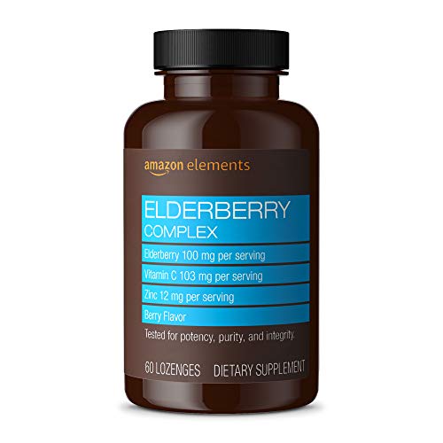 Product Cover Amazon Elements Elderberry Complex, Immune System Support, 60 Berry Flavored Lozenges, Elderberry 100mg, Vitamin C 103mg, Zinc 12mg per Serving (Packaging may vary)