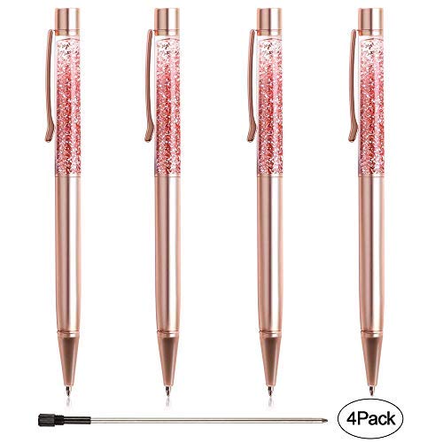 Product Cover Ballpoint Pens, BYSOU 4 Pcs Rose Gold Metal Pen Refills Bling Dynamic Liquid Sand Black Ink for Office Supplies