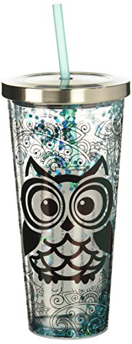 Product Cover Spoontiques 21310 Blue Owl Glitter Cup With Straw, 20 ounces, Turquoise