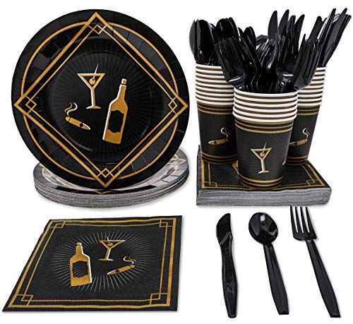 Product Cover 1920s Party Supplies - Serves 24 - Includes Plates, Knives, Spoons, Forks, Cups and Napkins Perfect for Roaring 20s Themed Birthdays