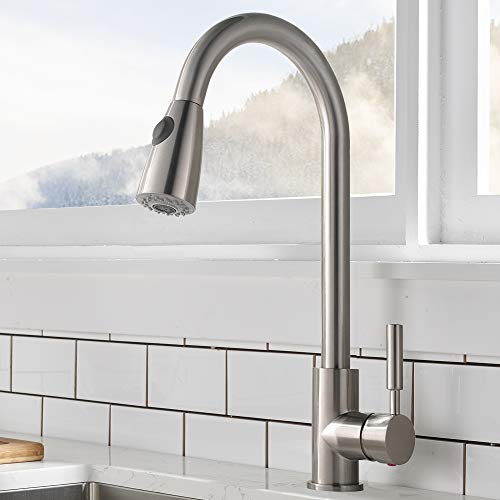 Product Cover Comllen Commercial Single Handle High Arc Brushed Nickel Pull out Kitchen Faucet,Single Level Stainless Steel Kitchen Sink Faucet with Pull Down Sprayer Without Deck Plate