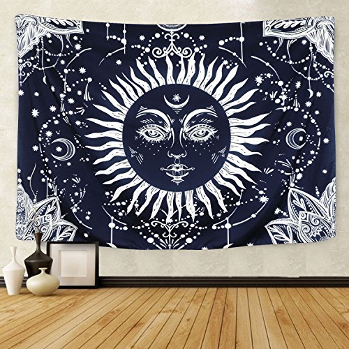 Product Cover BLEUM CADE Psychedelic Moon and Sun Tapestry Wall Hanging Tapestry Dark Blue White Celestial Tapestry Indian Hippy Bohemian Mandala Tapestry for Bedroom Living Room Dorm