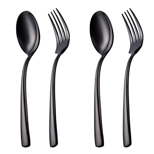 Product Cover Onlycooker 4 Piece Black Serving Spoon and Serving Fork in 2 Set 8.8-inch Stainless Steel Serving Utensils Silverware Dinnerware Mirror Polished Dishwasher Safe