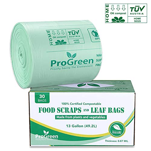 Product Cover ProGreen 100% Compostable Bags 13 Gallon, Extra Thick 0.87 Mil, 30 Count, Small Kitchen Compost Trash Bag, Food Scraps Yard Waste Bags, Compost Biodegradable ASTM D6400 BPI and VINCOTTE Certified