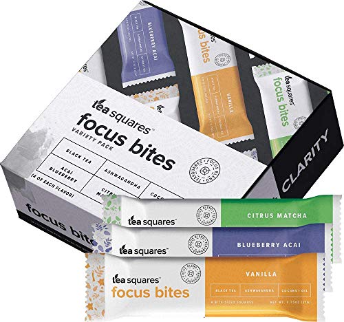 Product Cover Energy Bites for Mental Energy, Focus, and Clarity (Variety Pack - 12 count) - 100 cal, 4g plant-protein, 3-4g sugar, Delicious Tasting, Protein Bars, Energy Bars, Gluten Free, Vegan - TeaSquares
