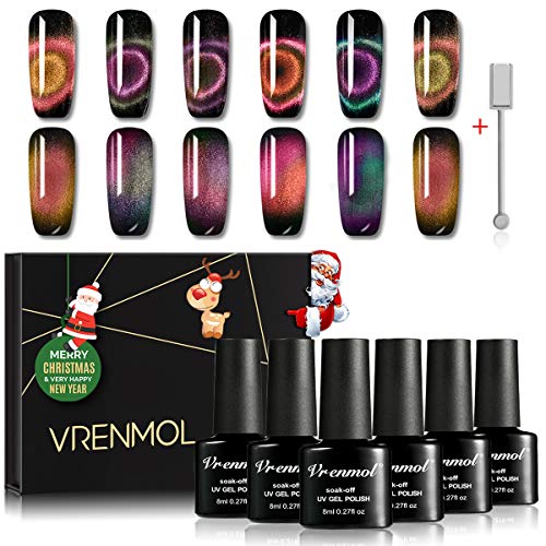 Product Cover Vrenmol 6 Colors Magnetic 9D Cat Eye Chameleon UV LED Nail Gel Polish Shining Set Nail Art Kit 8ml + Free Magnet Stick