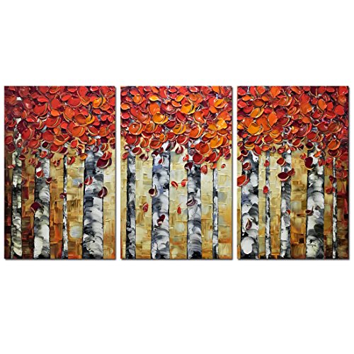 Product Cover V-inspire Paintings, 24x36Inchx3 Paintings Oil Hand Painting Red Birch Trees Painting 3D Hand-Painted On Canvas Abstract Artwork Art Wood Inside Framed Hanging Wall Decoration Abstract Painting ...
