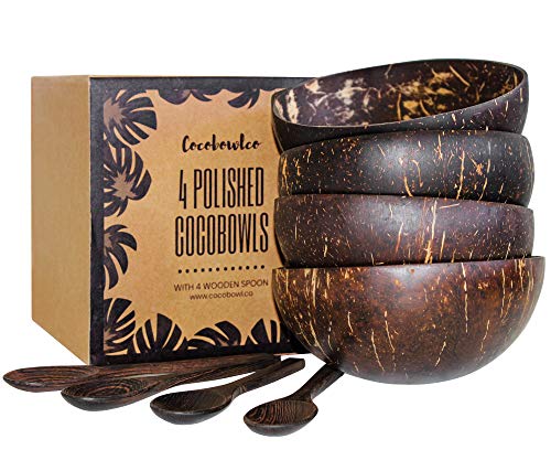 Product Cover Coconut Bowls And Wooden Spoon Sets: 4 Vegan Organic Salad Smoothie or Buddha Bowl Kitchen Utensils (4, Polished)