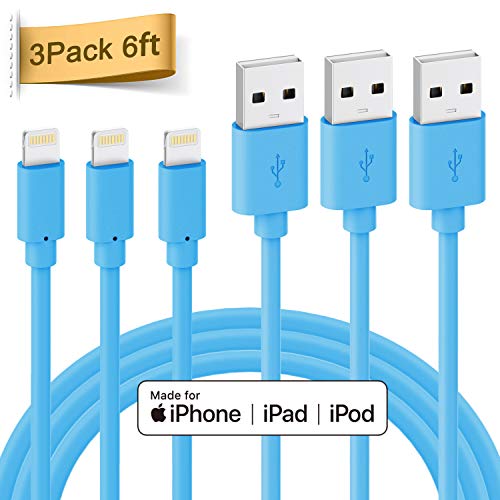 Product Cover Quntis Lightning Cable Certificated 3 Pack 6ft iPhone Cord for iPhone X 8 8 Plus 7 7 Plus 6s 6s Plus 6 6 Plus SE 5s 5c 5 iPad Mini iPad Air iPad Pro iPod and More - Blue