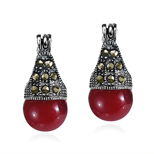 Product Cover Reconstructed Red Coral and Marcasite Style Pyrite Vintage Flair 8 mm .925 Sterling Silver Huggie Earrings