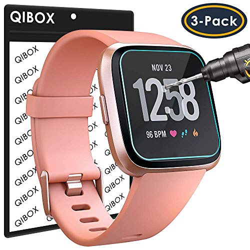 Product Cover QIBOX Screen Protector Compatible with Fitbit Versa & Versa Lite (Not for Versa 2), 3-Pack Waterproof Tempered Glass Screen Protector for Versa Smart Watch [Ultra Clear/Scratch Resistant/Anti-Bubble]