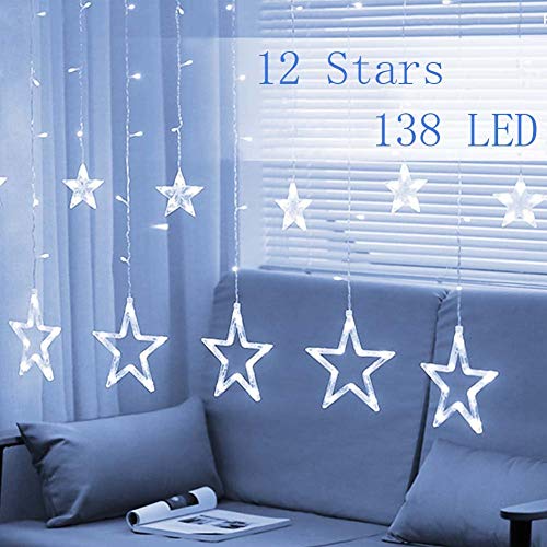 Product Cover Twinkle Star 12 Stars 138 LED Curtain String Lights, Window Curtain Lights with 8 Flashing Modes Decoration Christmas, Wedding, Party, Home Decorations, White