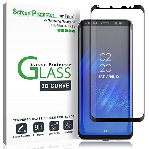 Product Cover amFilm Glass Screen Protector for Samsung Galaxy S8, 3D Curved Tempered Glass, Dot Matrix with Easy Installation Tray, Case Friendly (Black)