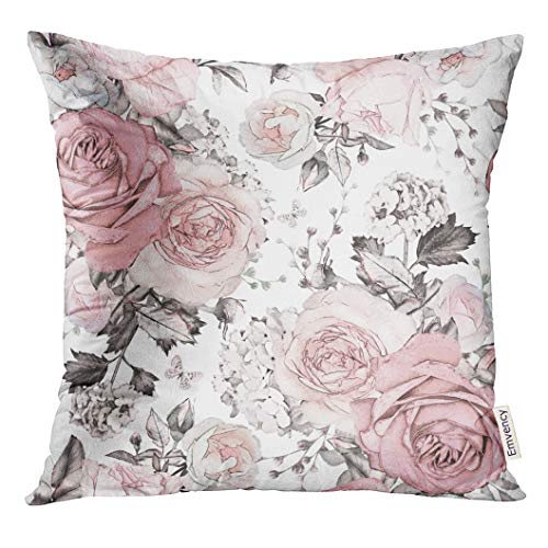 Product Cover Golee Throw Pillow Cover Gray Abstract with Pink Flowers and Leaves on White Watercolor Floral Pattern Rose in Pastel Color Decorative Pillow Case Home Decor Square 18x18 Inches Pillowcase