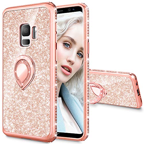 Product Cover Maxdara Galaxy S9 Case, Galaxy S9 Glitter Case Ring Holder Diamond Rhinestone Kickstand with Sparkle Bling Shiny TPU Bumper Cute Women Girls Case for Galaxy S9 5.8 inches (Rosegold)