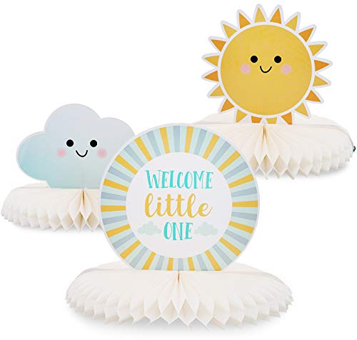 Product Cover Blue Panda 3-Piece Baby Shower Party Table Decoration - Welcome Little One Honeycomb Centerpiece Party Supplies, Sunshine and Cloud Design