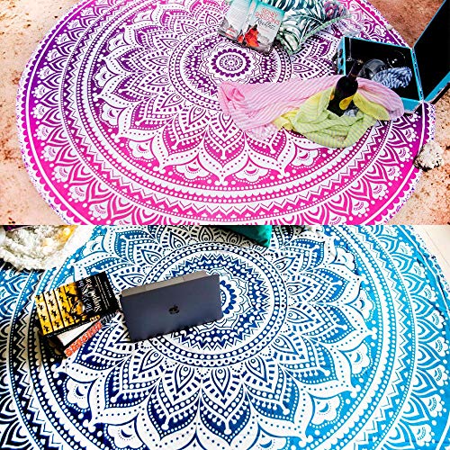 Product Cover Set of 2 Round Beach Blanket or Boho Mandala Tapestry or Bohemian Decoration or Hippie Beach Blanket, Circle Tablecloth or Picnic Blanket, Indian Meditation Rug Mat for Yoga - 72 Inches, Blue and Pink