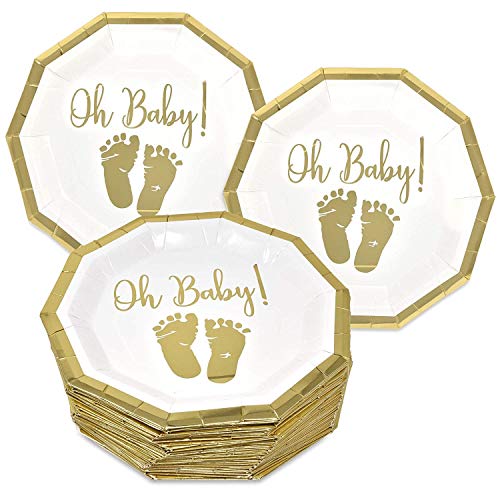 Product Cover 50 Baby Shower Plates 9 Inch Paper Disposable for Boys or Girls Gold Foil and White Oh Baby with Baby Footprints