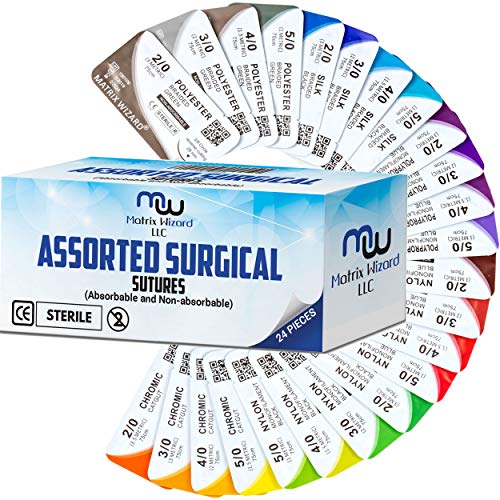 Product Cover Mixed Sutures Thread with Needle (Absorbable: Chromic Catgut; Non-Absorbable: Nylon, Silk, Polyester, Polypropylene) - Surgical Wound Practice Kit, Emergency First Aid Demo (2-0, 3-0, 4-0, 5-0) 24PK