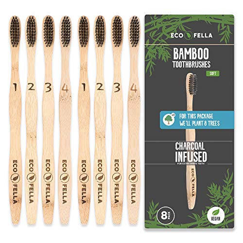 Product Cover ECOFELLA Natural Bamboo Tooth Brush Set | For Every Set WE PLANT 8 TREES | Charcoal Bristles for Teeth Whitening | 8x BPA Free & SOFT for Sensitive Gums | For Adults & Kids | Incl. Zero Waste Ebook