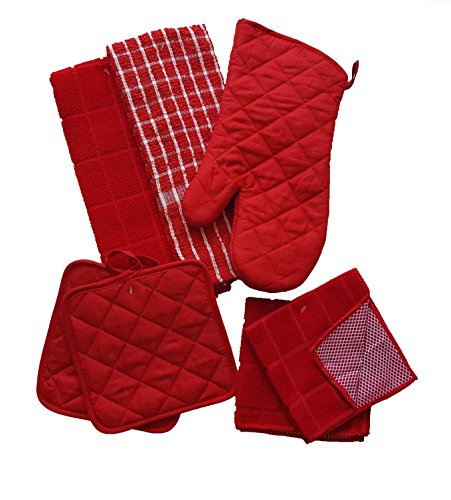 Product Cover The Spotted Moose Colorful Red and White 7 Piece Kitchen Linen Bundle With 2 Dish Towels, 2 Dish Cloths, 2 Potholders, and 1 Oven Mitt