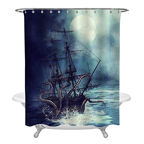 Product Cover MitoVilla Nautical Sailboat Shower Curtain Set, Giant Sea Monster Octopus Kraken Attack Pirate Ship Art Print Bathroom Accessories for Ocean Animal Themed Home Decor, Purple Blue, 72