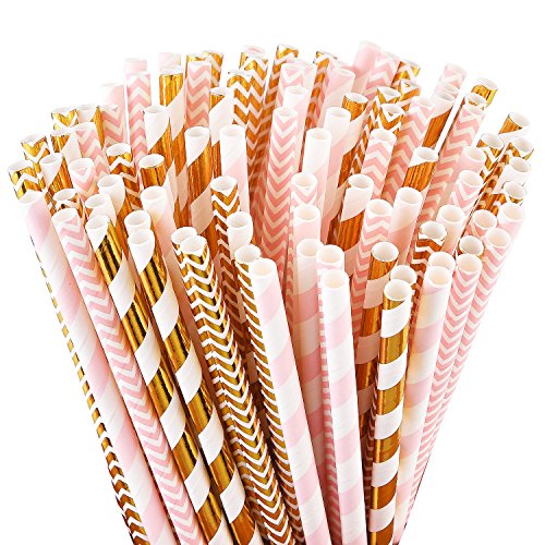 Product Cover ALINK Biodegradable Paper Straws, 100 Pink Straws/Gold Straws for Party Supplies, Birthday, Wedding, Bridal/Baby Shower Decorations and Holiday Celebrations