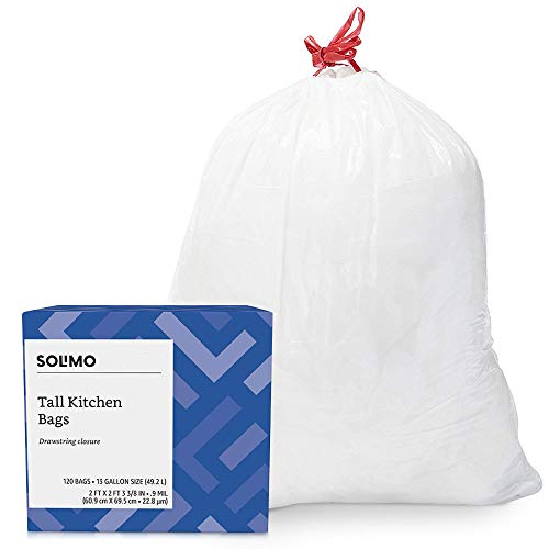 Product Cover Amazon Brand - Solimo Tall Kitchen Drawstring Trash Bags, 13 Gallon, 120 Count