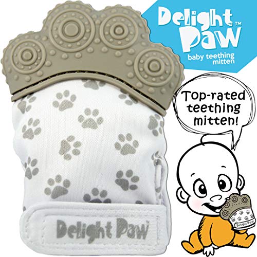 Product Cover Delight Paw | Baby Teething Mitten | Mom Designed for Self Soothing Pain Relief | Hygienic Travel Bag | Mittens BPA Free | Like Munch Mitt | Baby Boy or Baby Girl | Babies 3-12 Months | Gleeful Gray