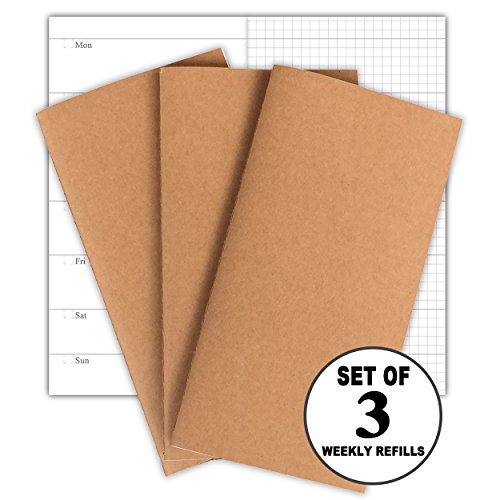 Product Cover Travelers Notebook Inserts 3-Pack Weekly Planner Refills, 30 Weeks Per Book, 100g No Bleed Paper, Standard Size 4.25 x 8.25 in