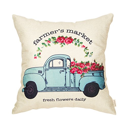 Product Cover Fahrendom Farmer's Market Fresh Flowers Daily Vintage Truck Watercolor Farmhouse Decor Spring Summer Decoration Cotton Linen Home Decorative Throw Pillow Case Cushion Cover for Sofa Couch 18 x 18 in