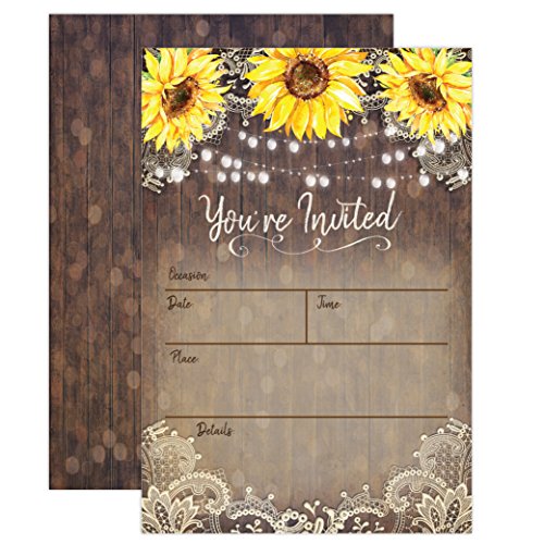 Product Cover Country Lace and Sunflower Invitations, Rustic Elegant invites for Wedding Rehearsal Dinner, Bridal Shower, Engagement, Birthday, Bachelorette Party, Baby Shower, Reception, Anniversary, Housewarming