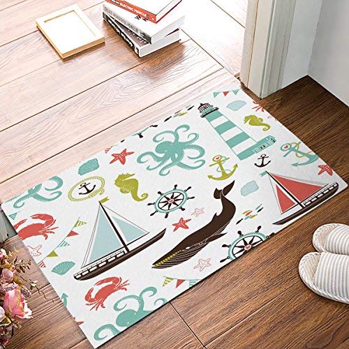 Product Cover Custom Doormat Whale Shark Seahorse Sea Creatures Rope and Anchor Octopus Coral Crab Marine Lighthouse Ocean Theme Machine Washable Rug Non Slip Mats Bathroom Kitchen Decor Area Rug 15.7