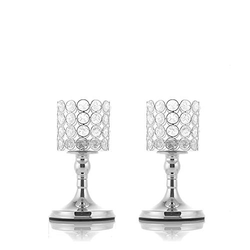 Product Cover VINCIGANT Silver Crystal Tea Light Candlestick Holders for Coffee Table Decorative Centerpieces, Christmas Decoration, 8 Inches Tall