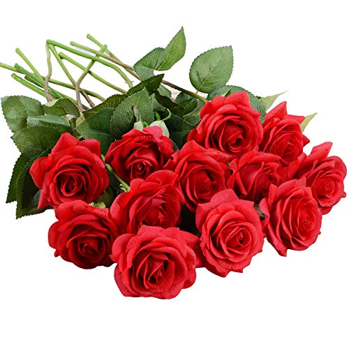 Product Cover Lvydec Artificial Flowers Silk Rose Flowers - 12 Pcs Red Roses Fake Flowers Real Touch Bridal Wedding Bouquet for Home Wedding Decoration Garden Party Floral Decor