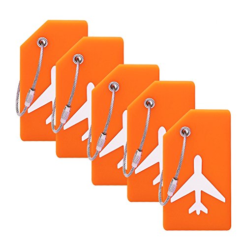 Product Cover Silicone Luggage Tag With Name ID Card Perfect to Quickly Spot Luggage Suitcase (Plane 5Pcs Orange)