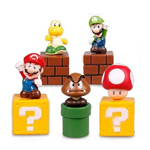 Product Cover Jiahui Brand Super Mario Brothers Birthay Cake Topper, Super Mario Bros Action Figures, Mini Super Mario Bros Figures Bundle Including Mario, Luigi, Mushroom, Goomba, Koopa Troopa, 2