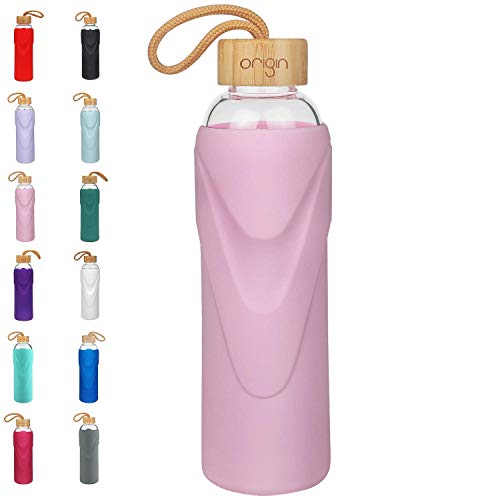 Product Cover Origin Best BPA-Free Borosilicate Glass Water Bottle with Protective Silicone Sleeve and Bamboo Lid - Dishwasher Safe