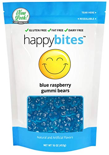 Product Cover Happy Bites Blue Raspberry Gummi Bears - Gluten Free, Fat Free, Dairy Free - Resealable Pouch (1 Pound)