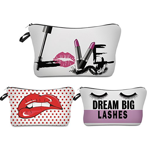 Product Cover Roomy Cosmetic Bag,3 piece Set Princoool Waterproof Toiletry Pouch Makeup with Zipper for Travel (Red Lips)